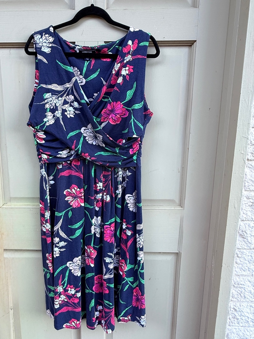 Lands' End Navy Floral Sleeveless Wrap-Style Dress with Pink & White Blooms Tall